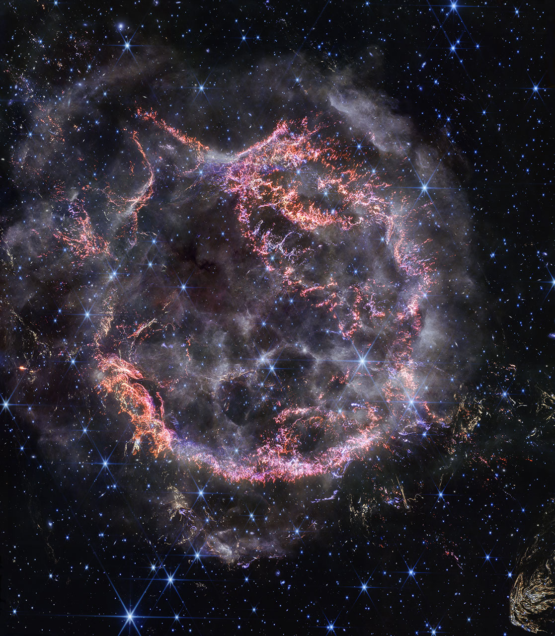 Cassiopeia A supernova remnant, James Webb Space Telescope NIRCam image. Image: NASA, ESA, CSA, STScI, Danny Milisavljevic (Purdue University), Ilse De Looze (UGhent), Tea Temim (Princeton University)